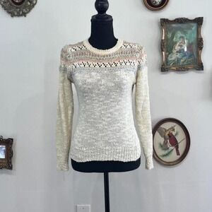 Vintage Open-Knit Cream Sweater with Pastel Yoke Detail
